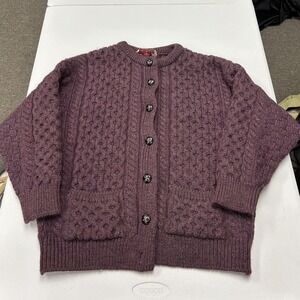 Standun Aran Knit Cardigan Womens L Purple 100% Wool Ireland Cable Knit Sweater